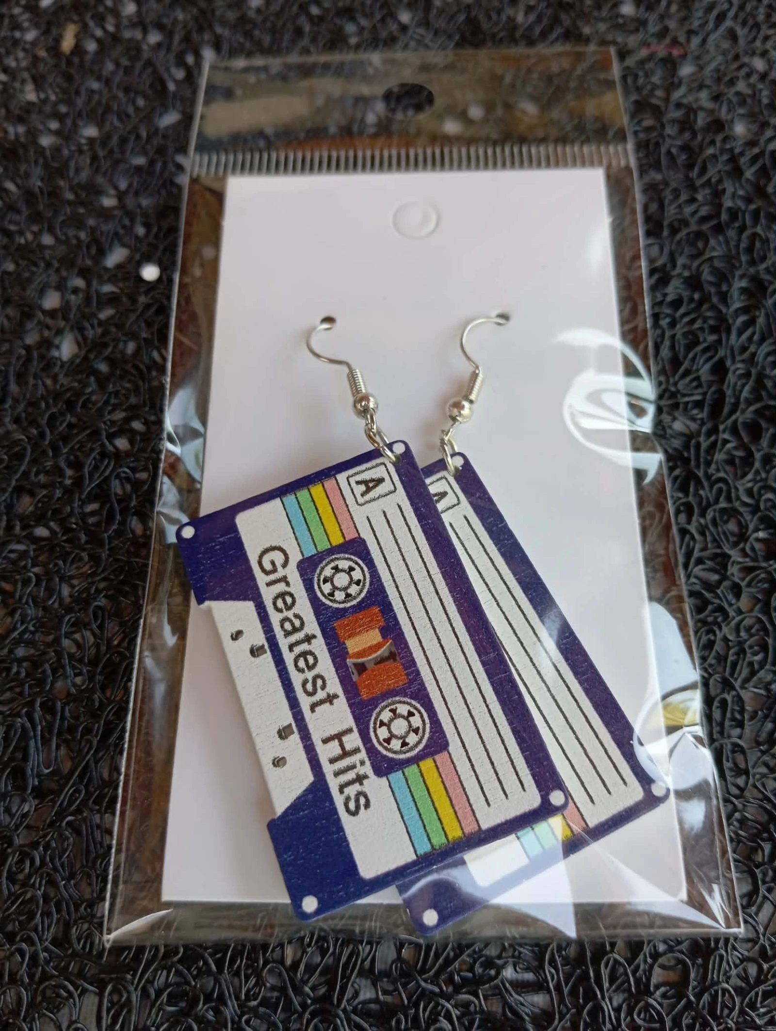 Boucles d'oreilles pendantes en forme de cassette audio bleu marine rétro disco année 80  – photo 2